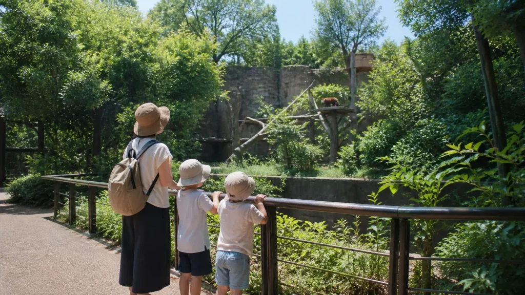 緑の多い動物園の園路から展示動物を観察する親子の編集イメージ