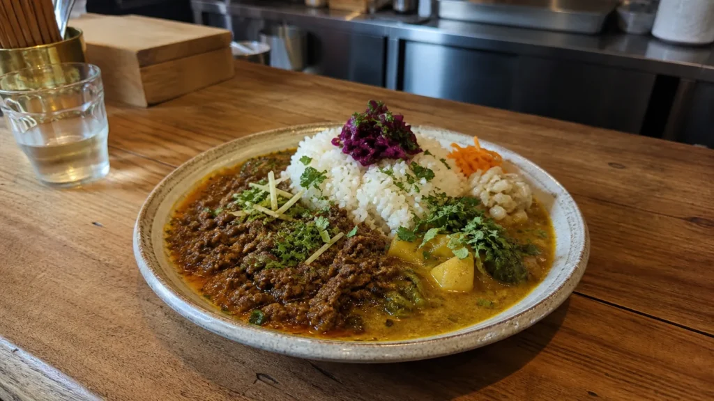 北浜の小さなカレー店で香り豊かなスパイスカレーを味わう場面の編集イメージ