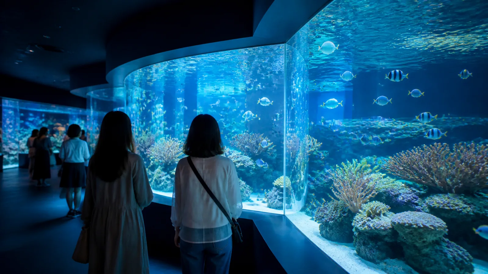 青いサンゴ礁水槽を眺める都市型水族館の来館者