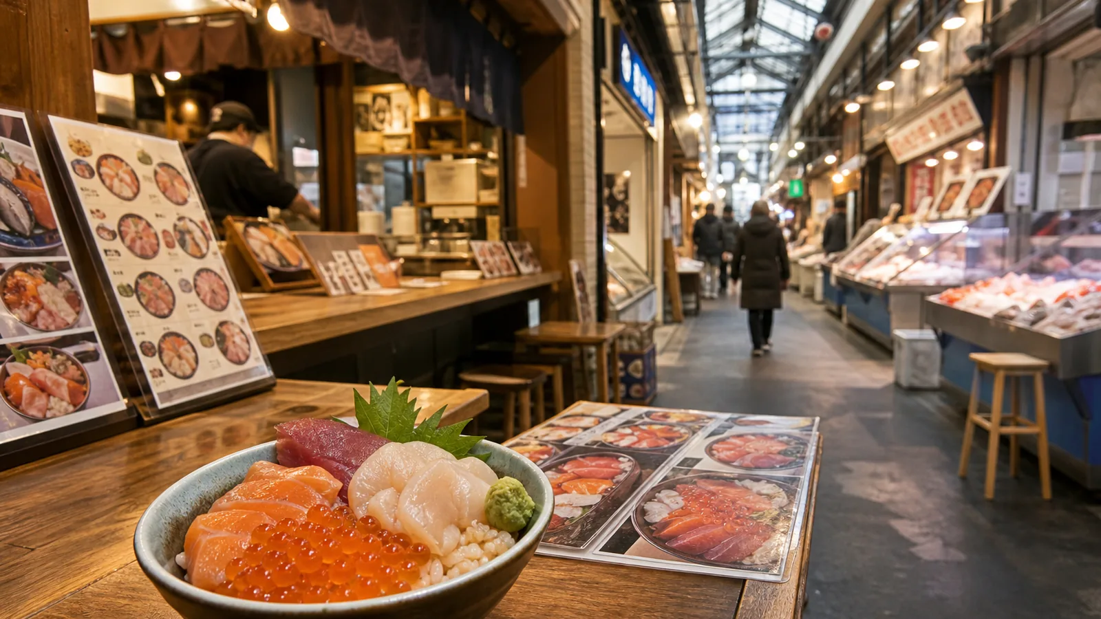 海鮮丼店が並ぶ市場通路とサーモン・マグロ・ホタテ・イクラの丼