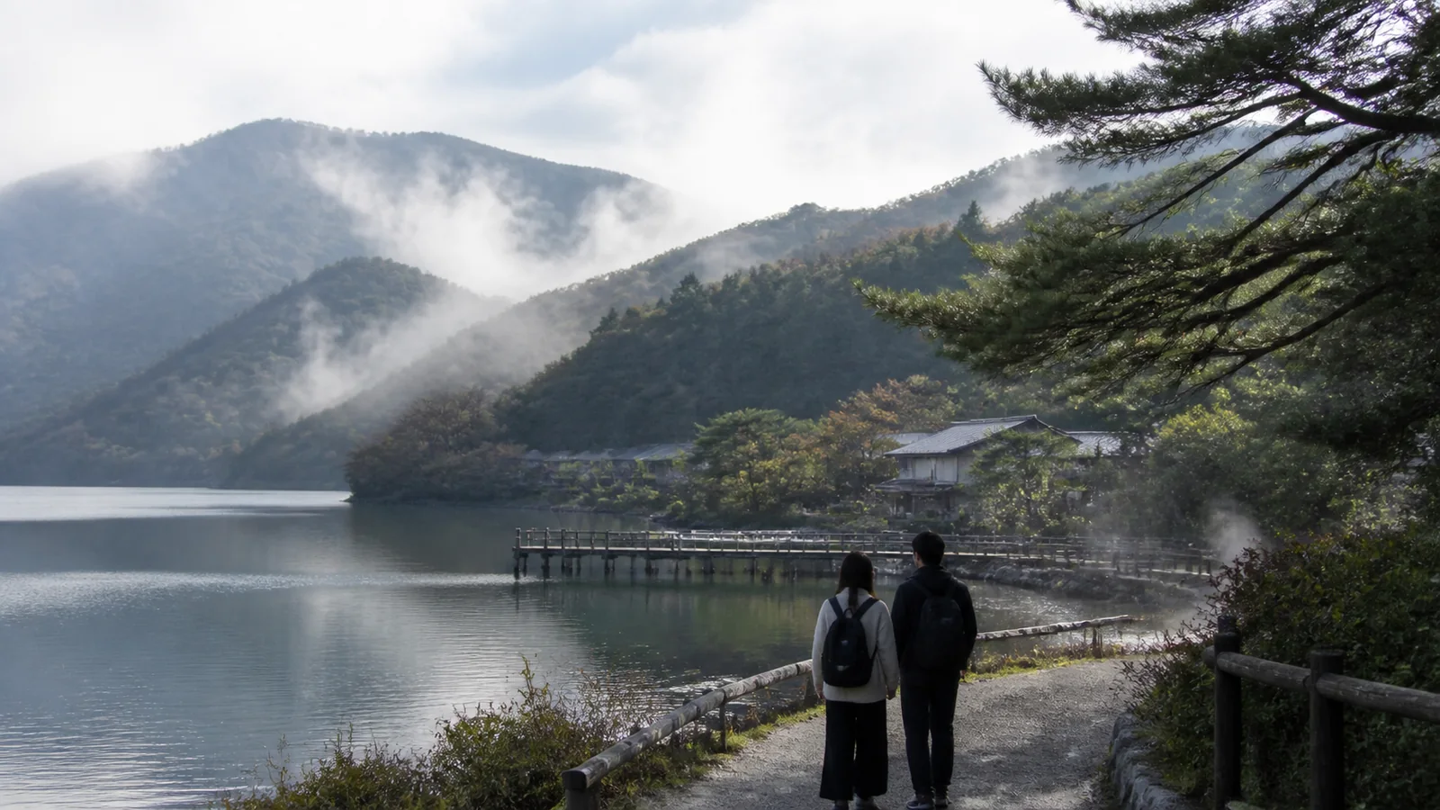 芦ノ湖と富士山を望む箱根の山と湖の景色