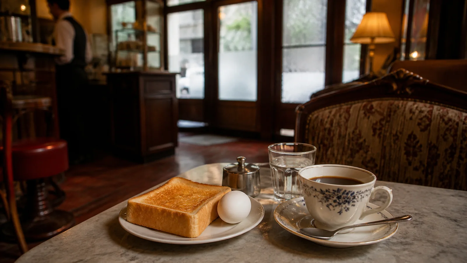 クラシックな喫茶店でコーヒーと朝食を楽しむ二人