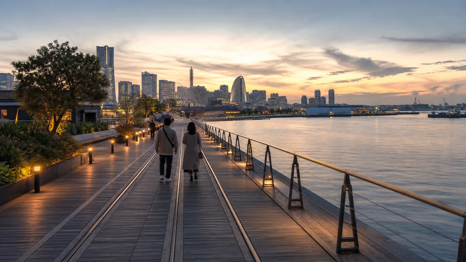 夕暮れの汽車道を歩くカップルと横浜の港