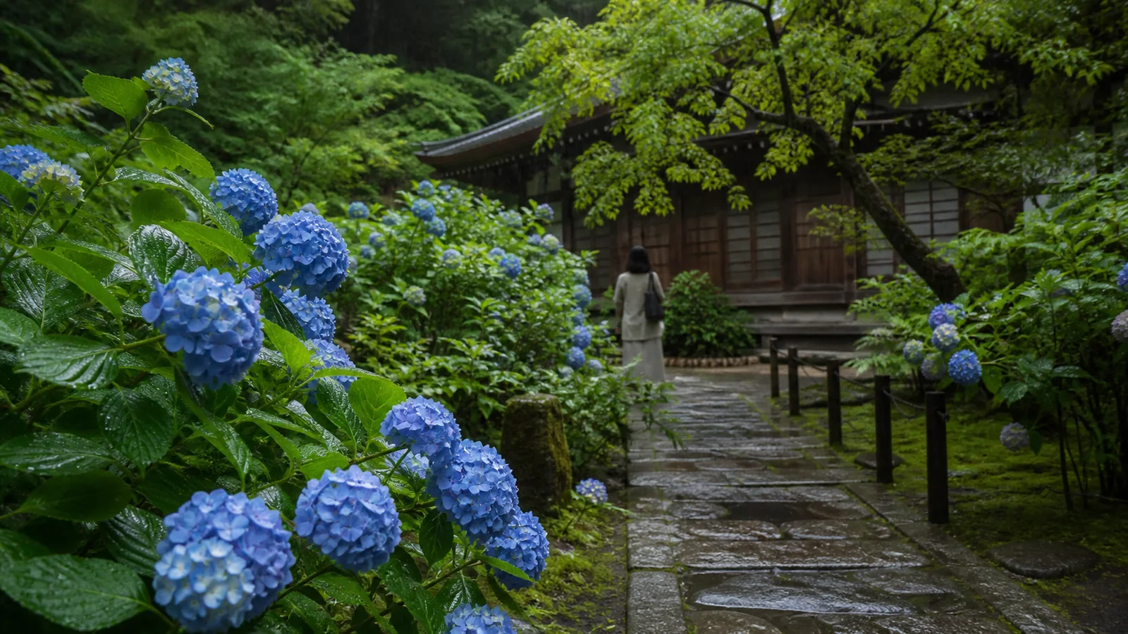 青いあじさいが咲く明月院を思わせる石段と山門