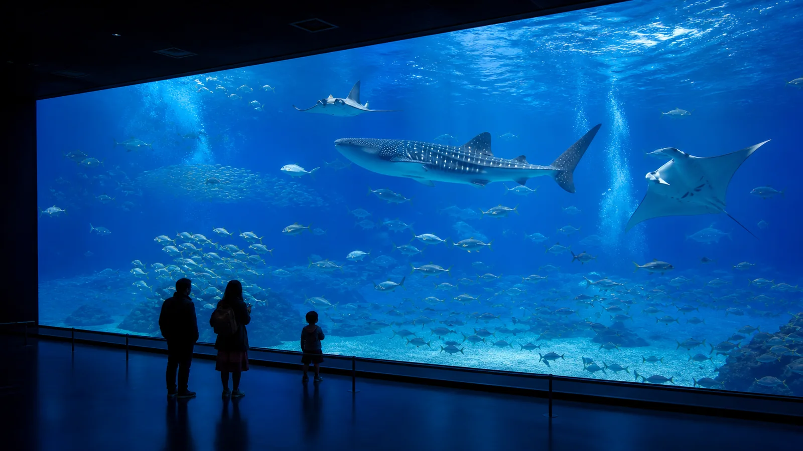 巨大な水槽を泳ぐジンベエザメとマンタを眺める来館者
