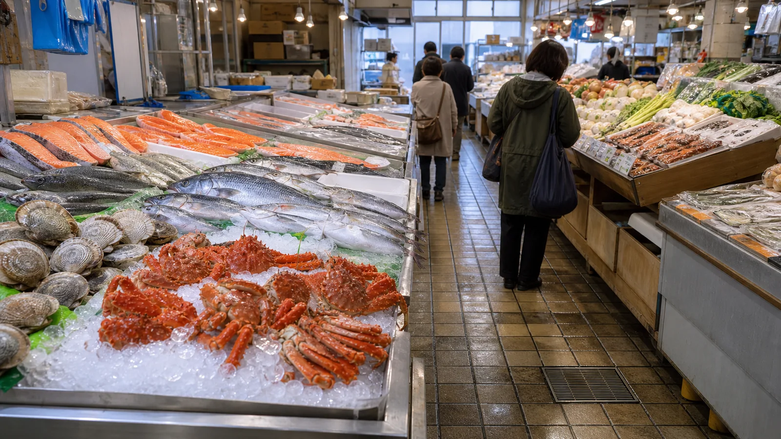 魚介や青果が並ぶ新南樽市場を思わせる市場通路
