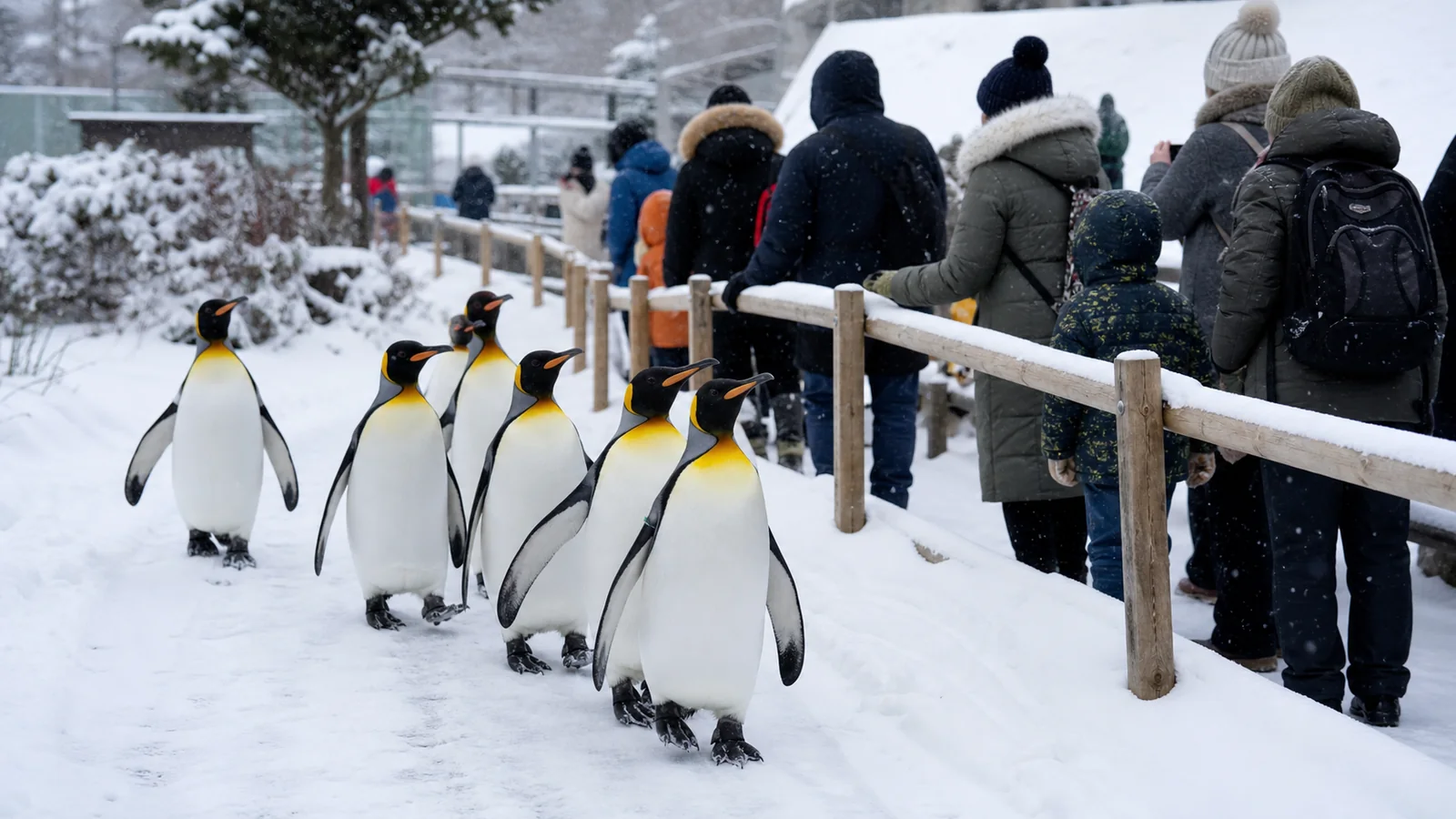 雪に覆われた旭山動物園を思わせる園内を歩くペンギン