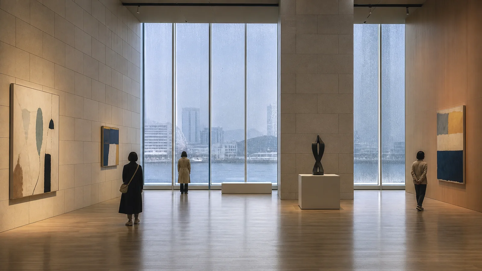 雨の日の現代美術館で抽象作品を鑑賞する来館者