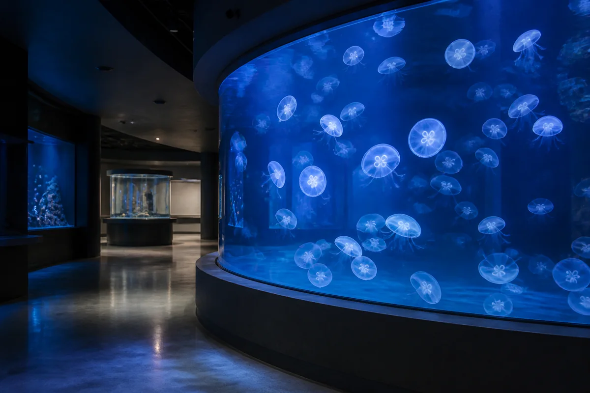 青い水槽とクラゲを眺める都市型水族館の編集用ビジュアル