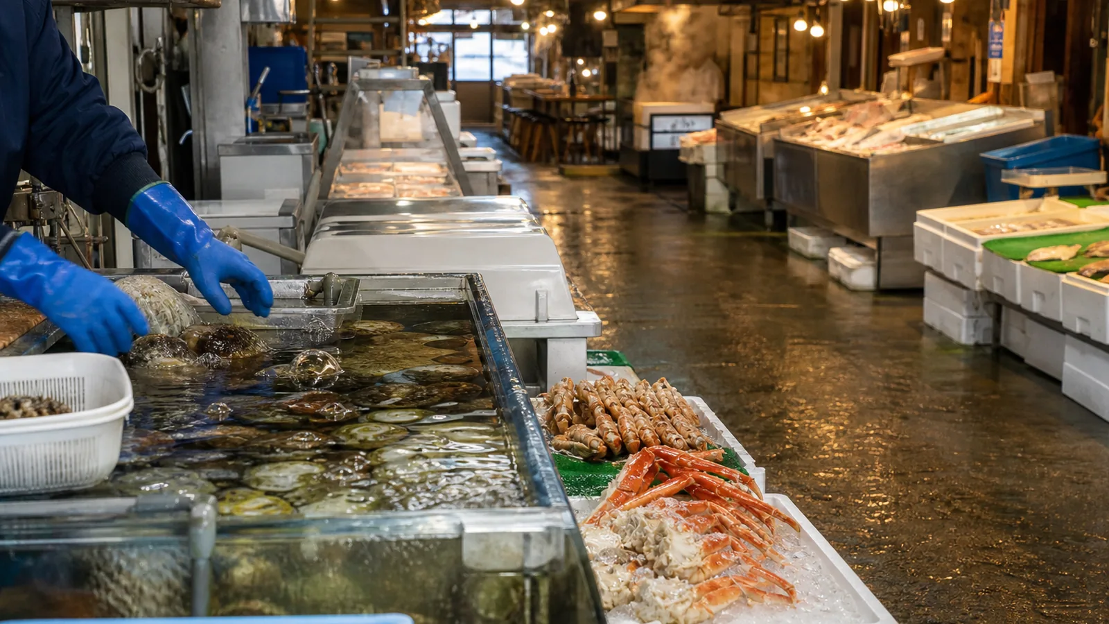 活魚水槽とカニや魚介が並ぶ函館の市場