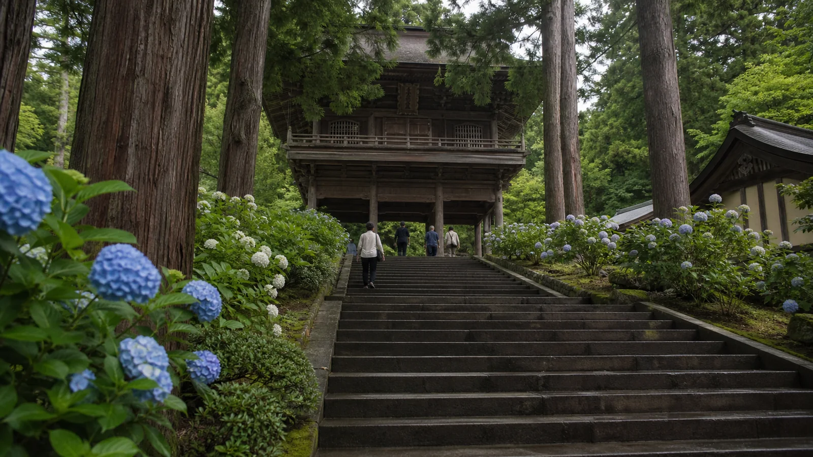 初夏の緑とあじさいに囲まれた円覚寺を思わせる山門