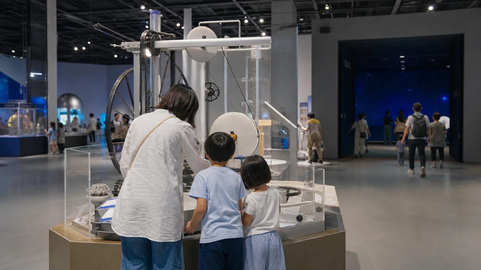 大型の科学展示を親子で見学する博物館の館内