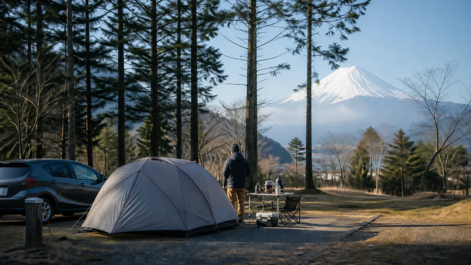 富士山を望む高原のキャビンと整備されたキャンプサイト