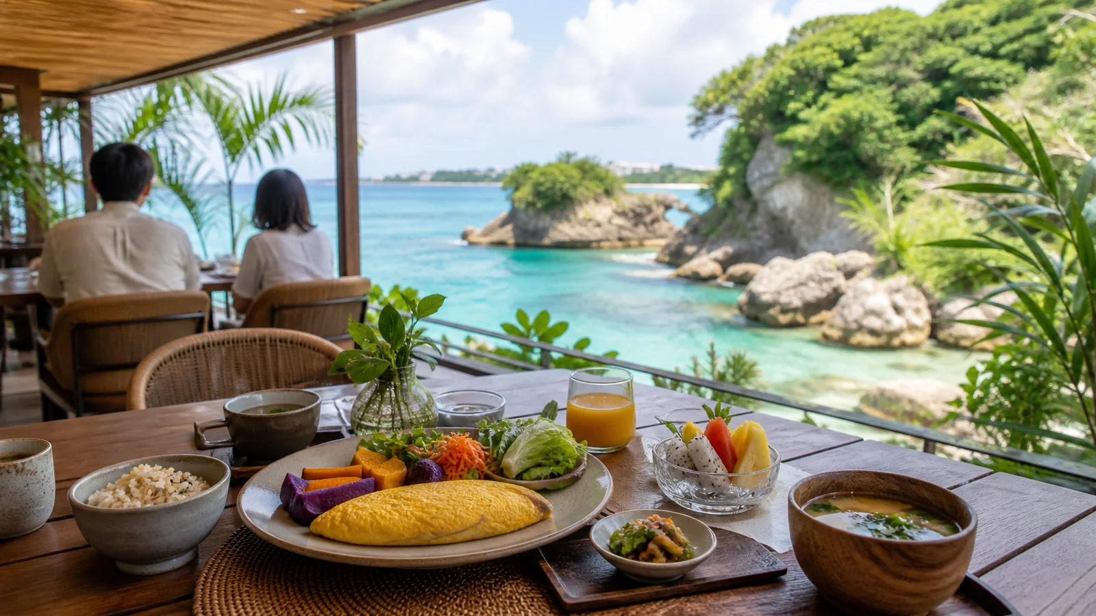 島の海景を望む明るいホテル朝食会場