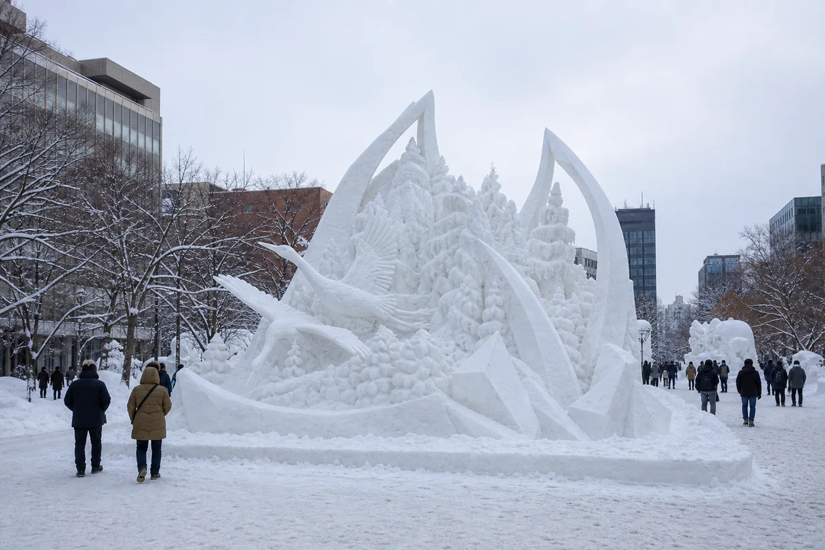 大きな雪像が立つ冬の都市公園を歩く雪まつりの編集用ビジュアル