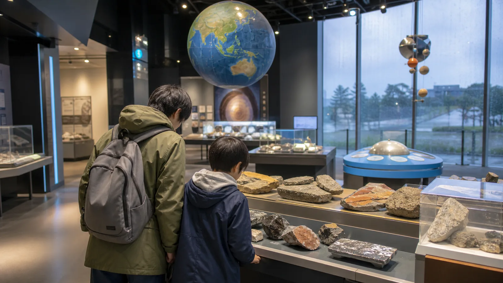 富山の科学博物館で親子が岩石や地球の展示を見る編集イメージ