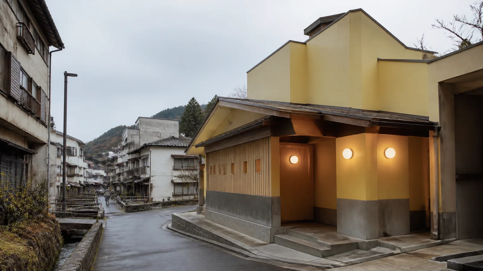 幾何学的な外観が印象的な鳴子温泉の公衆浴場を表した編集イメージ