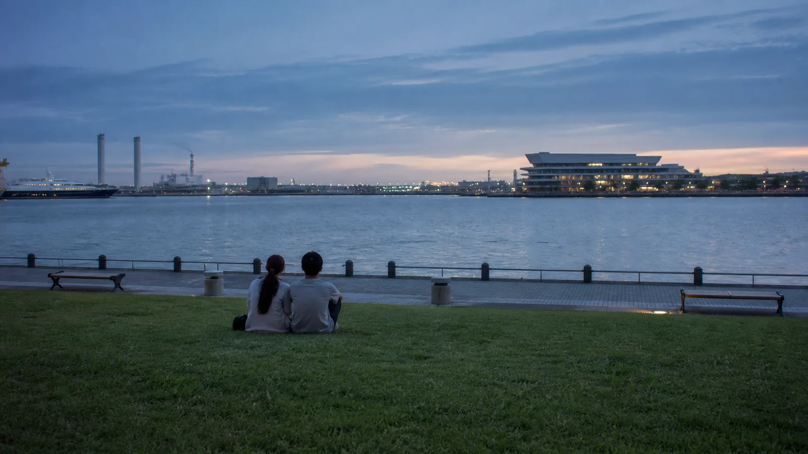海辺の芝生に座って港を眺めるカップル