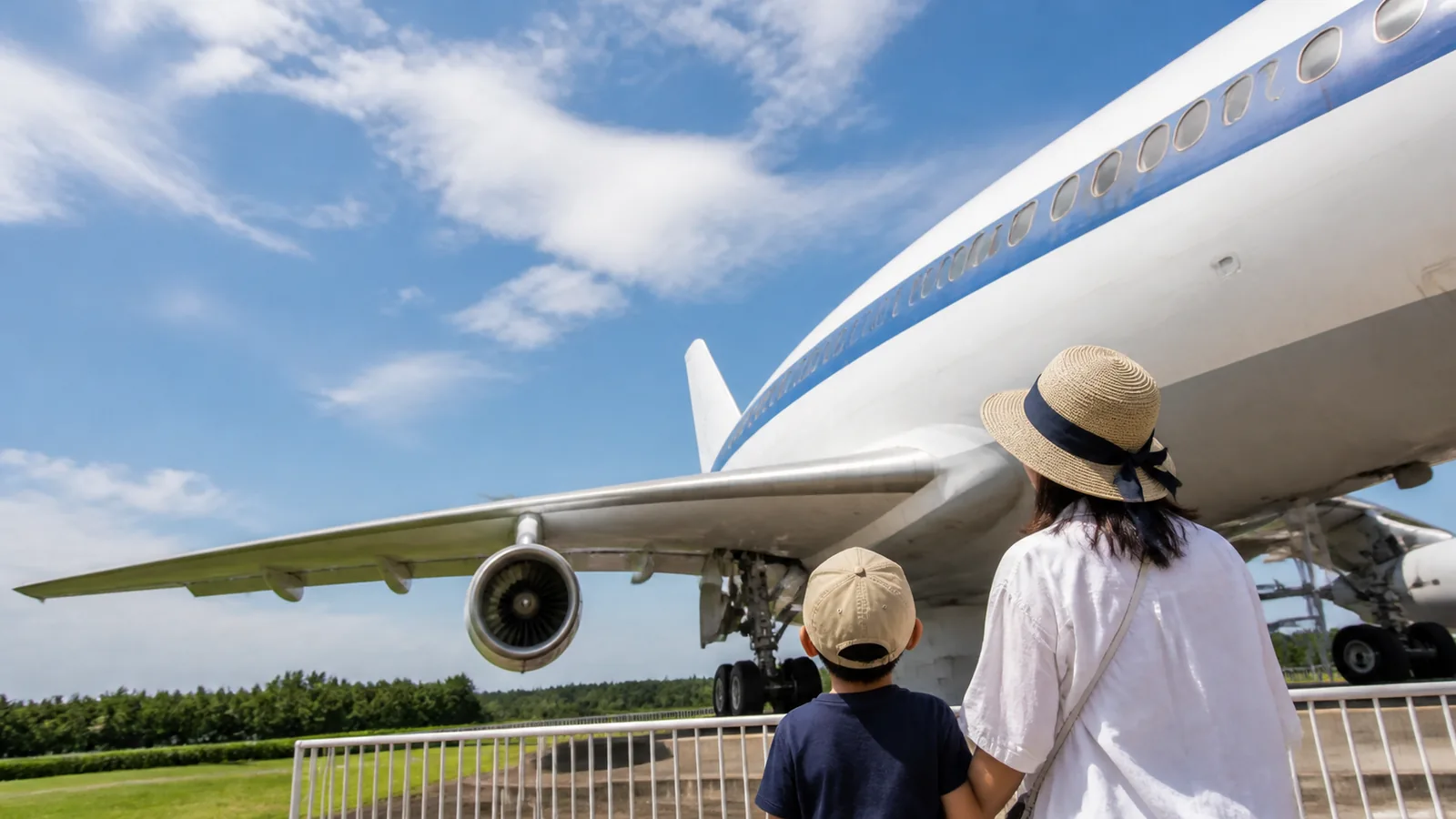 屋外展示場で大きな航空機を見上げる親子の編集イメージ