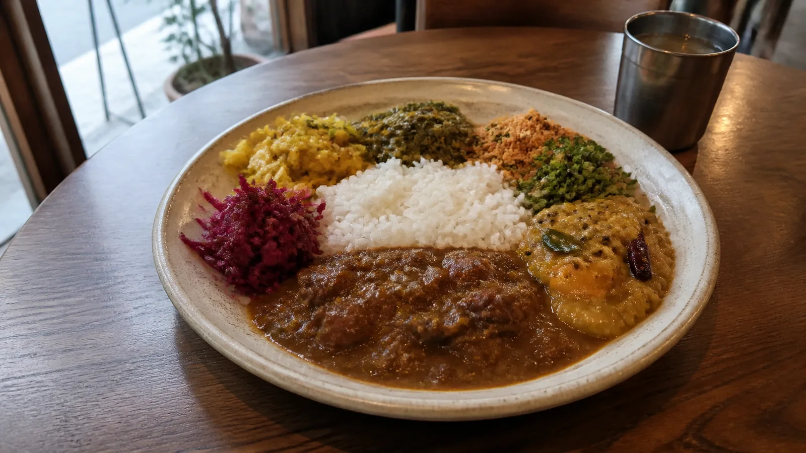 南船場の食堂でカレーと多彩な野菜の副菜を盛り合わせた編集イメージ