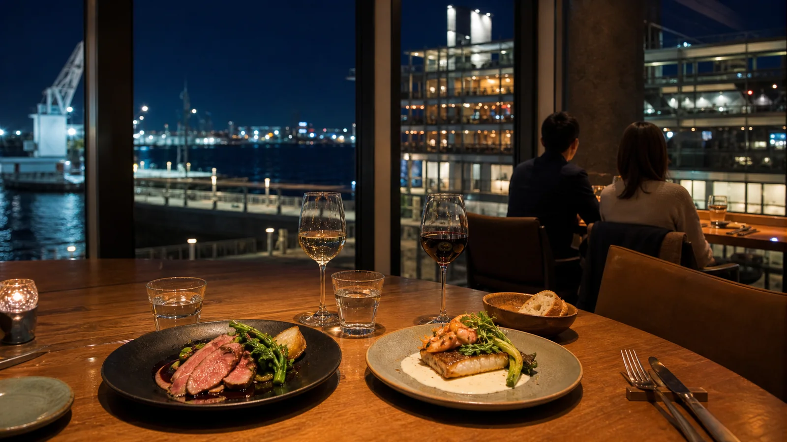 夜の港を望むレストランに並ぶ二人分の料理