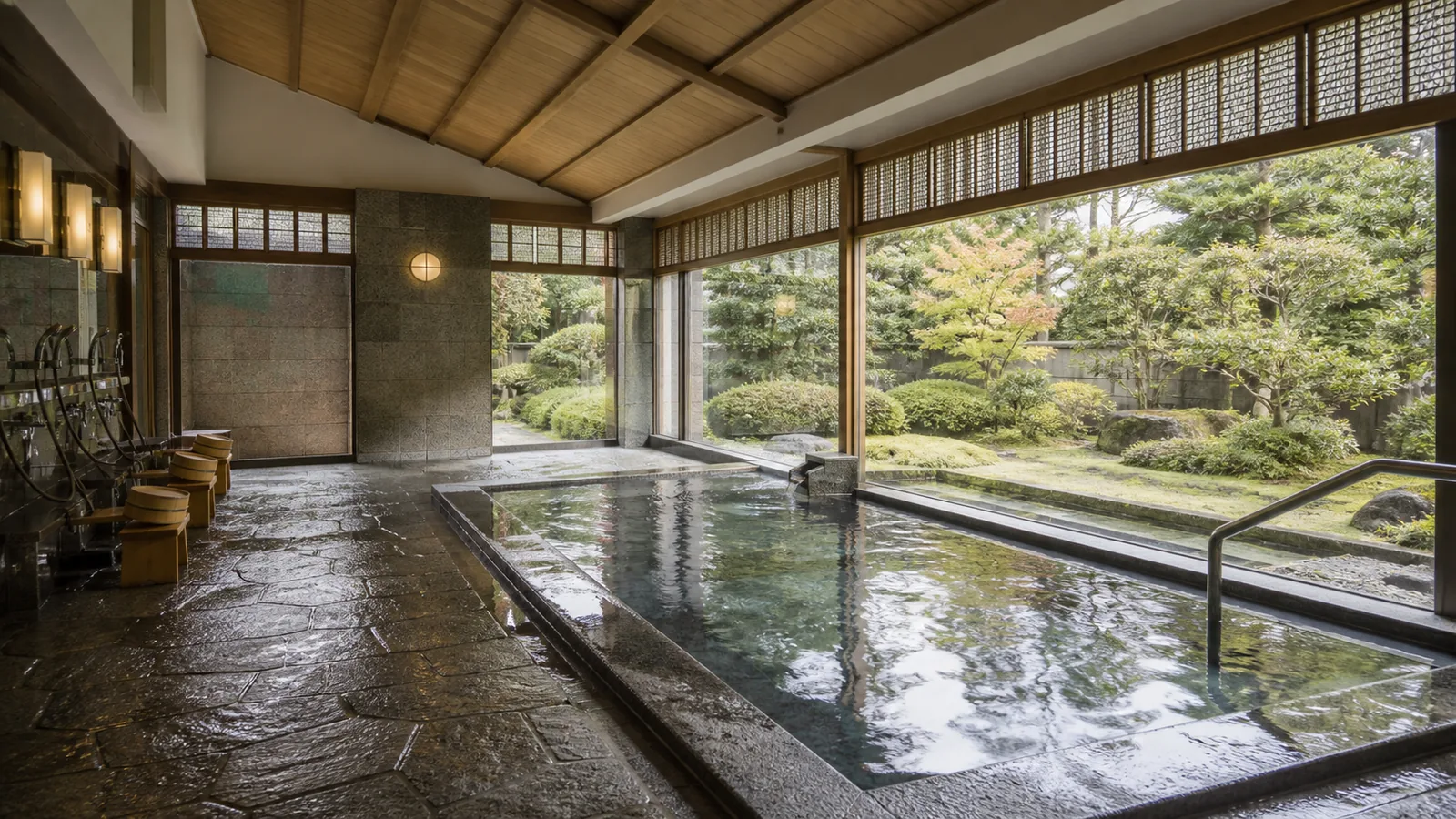 日本庭園を窓越しに望む無人の旅館大浴場を表した編集イメージ