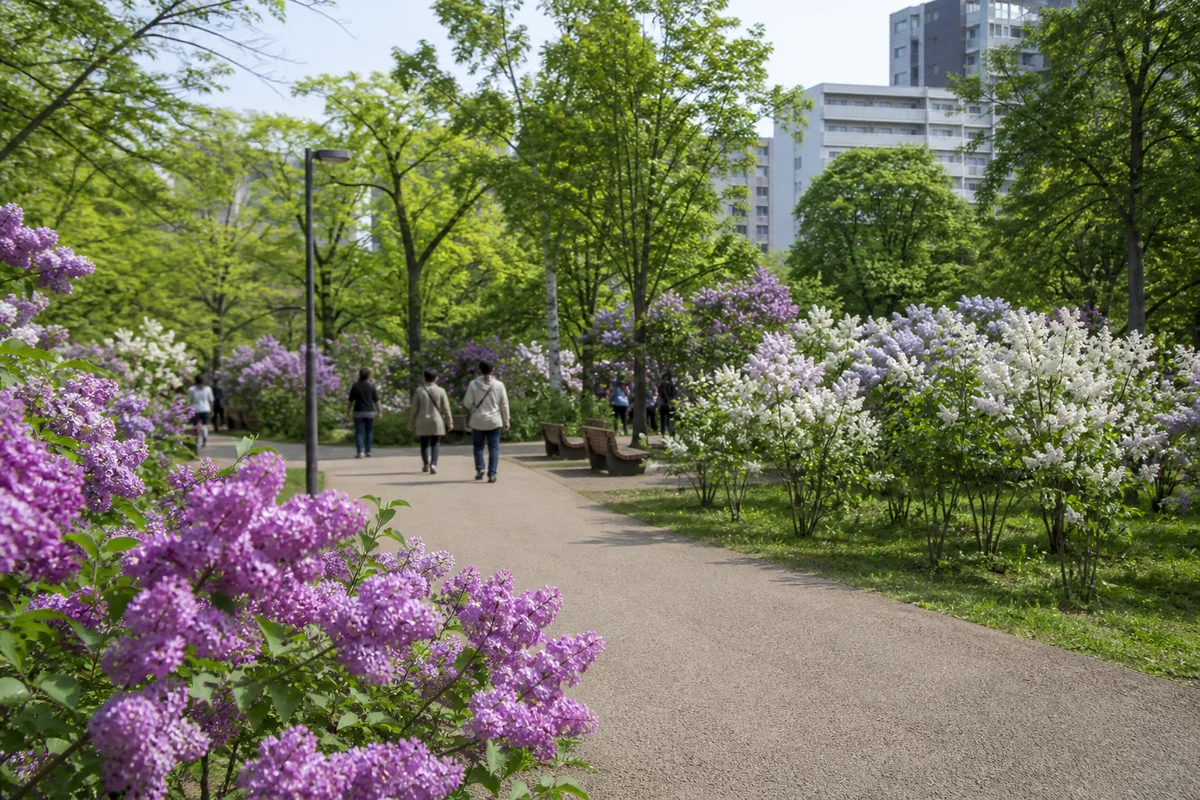 紫と白のライラックが咲く春の都市公園を散策する編集用ビジュアル