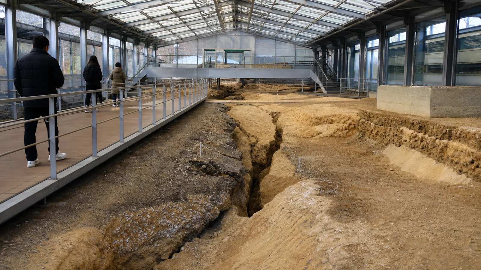 保存された地表の断層を見学する屋内展示施設