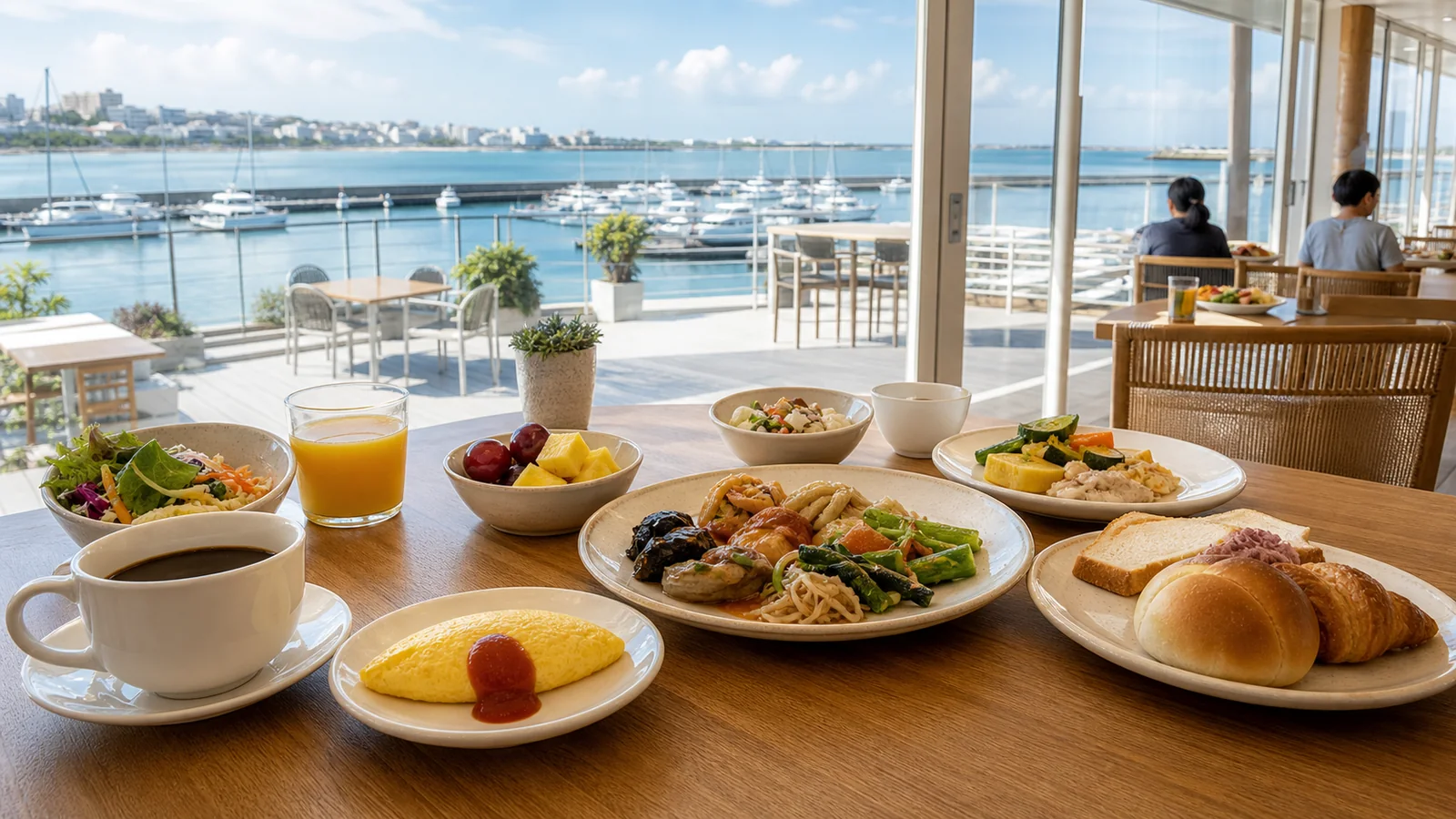 宜野湾の海と港を望むホテルレストランの朝食