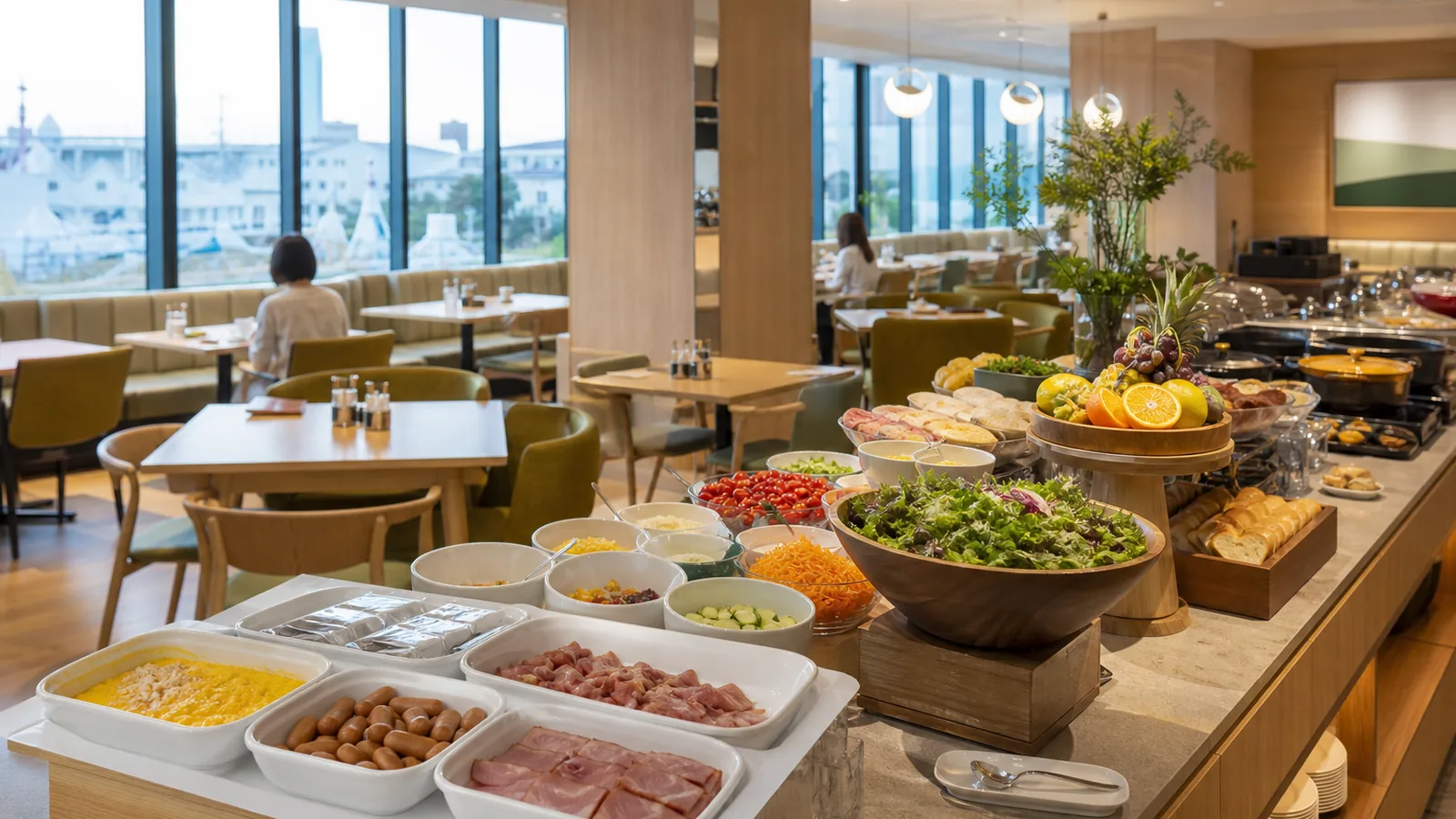 明るいホテルレストランに並ぶ朝食ブッフェ
