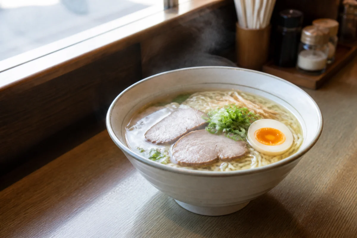 朝の札幌の静かなカウンターで湯気を立てる、あっさり系ラーメンのイメージ