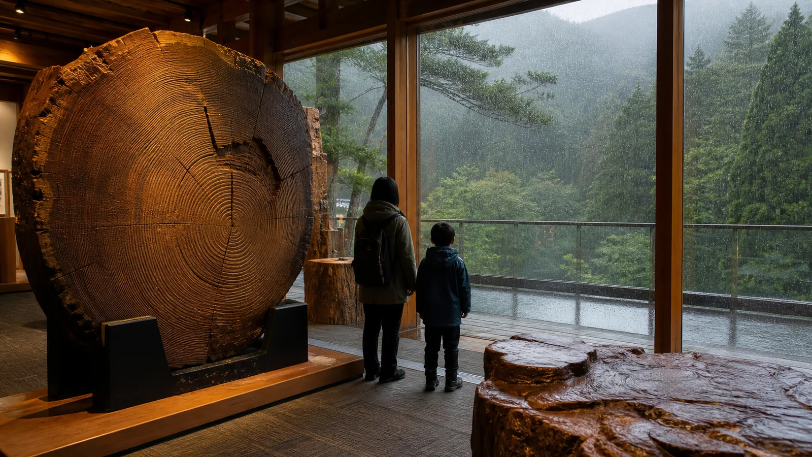 屋久杉の大きな木材展示と雨の森を望む屋内施設