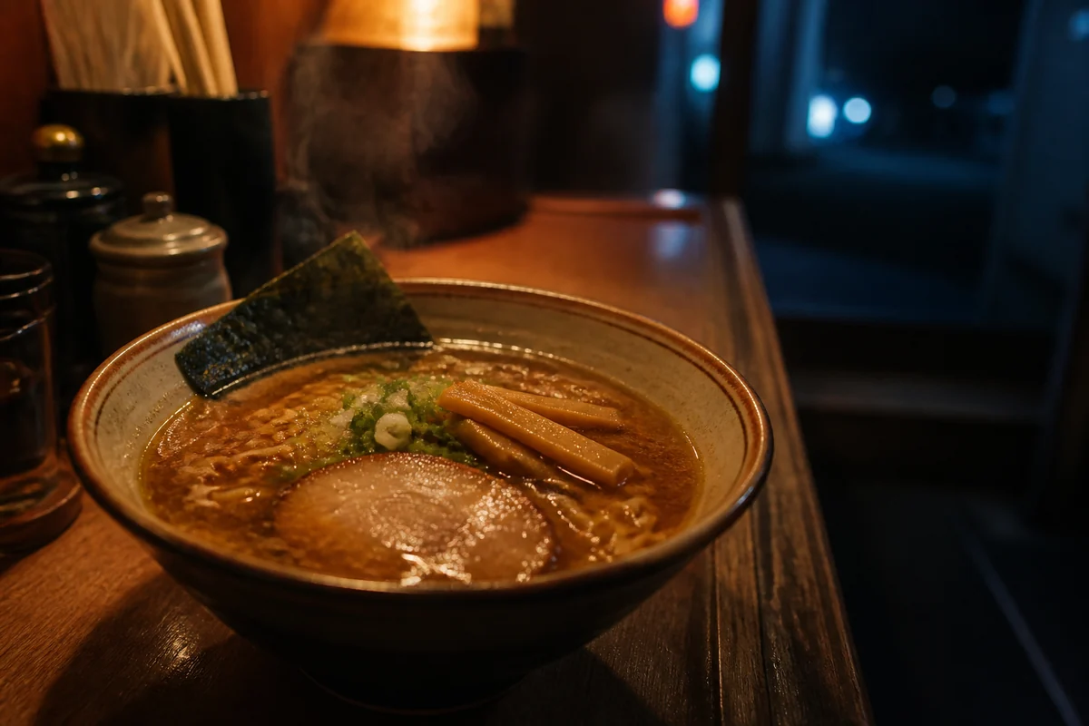 夜明け前の札幌のカウンターで暖色の照明に照らされた、濃厚系ラーメンのイメージ