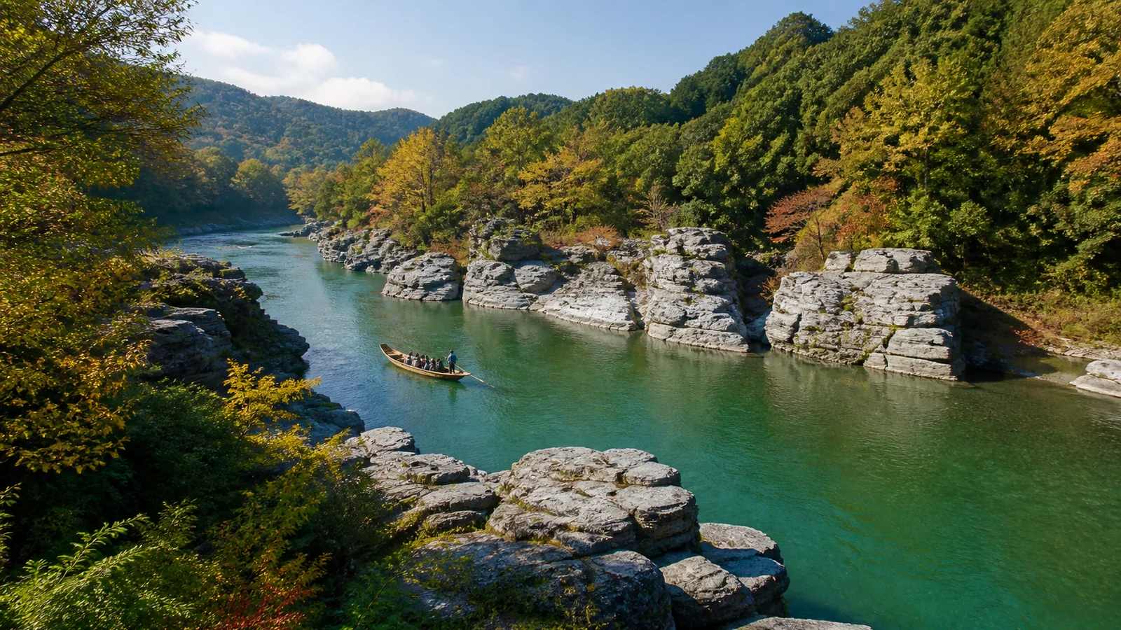 長瀞を思わせる岩畳の渓谷と川を進む舟