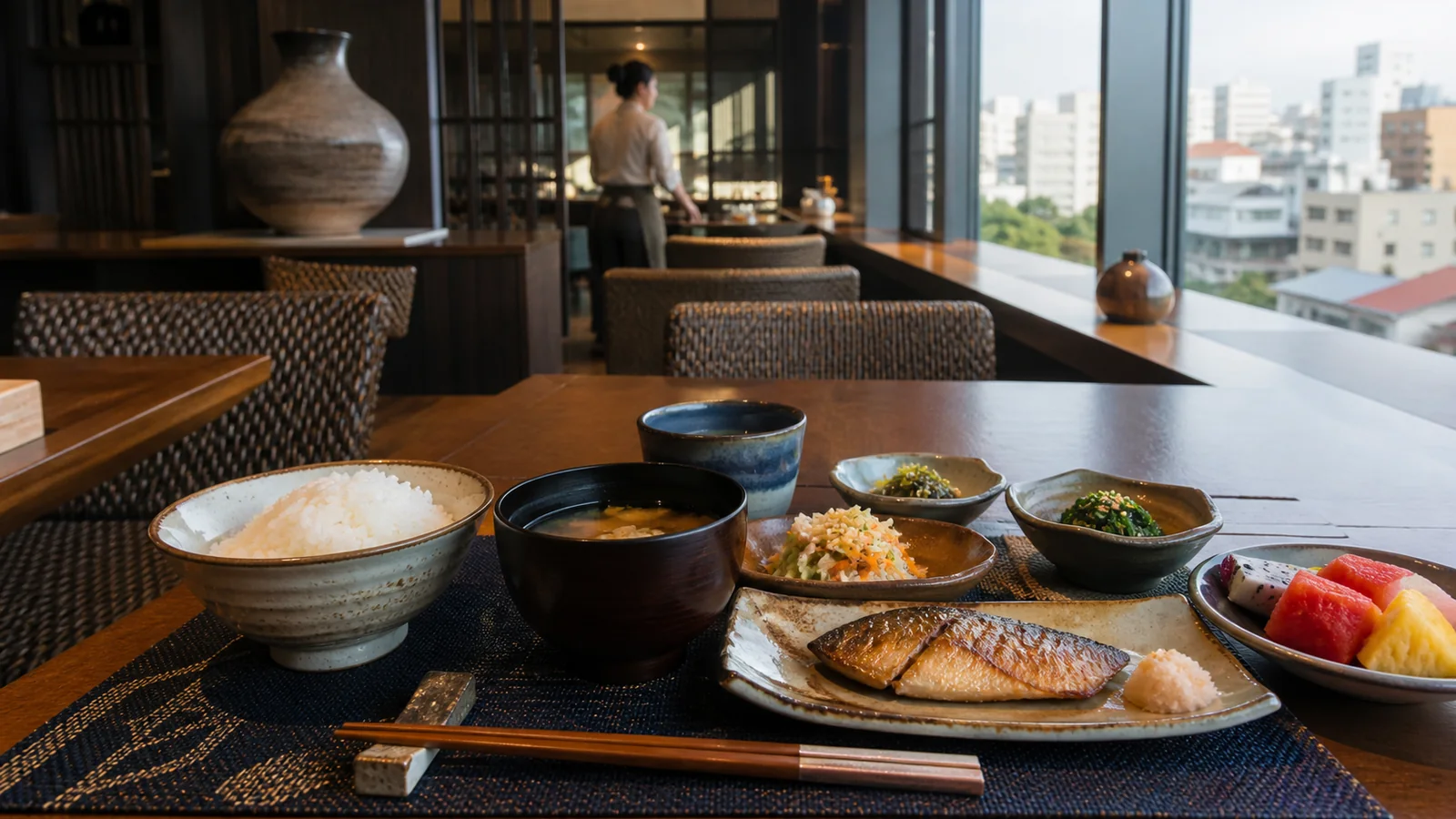 沖縄料理が並ぶ都市型ホテルの朝食ビュッフェ
