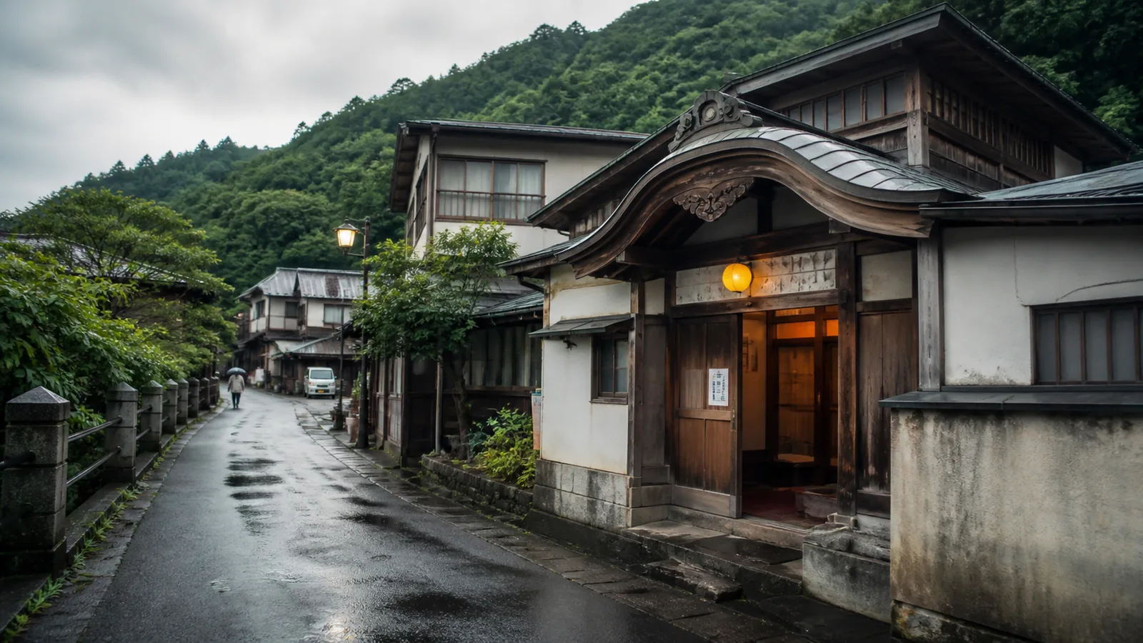 川渡温泉の静かな町にある小さな共同浴場を表した編集イメージ