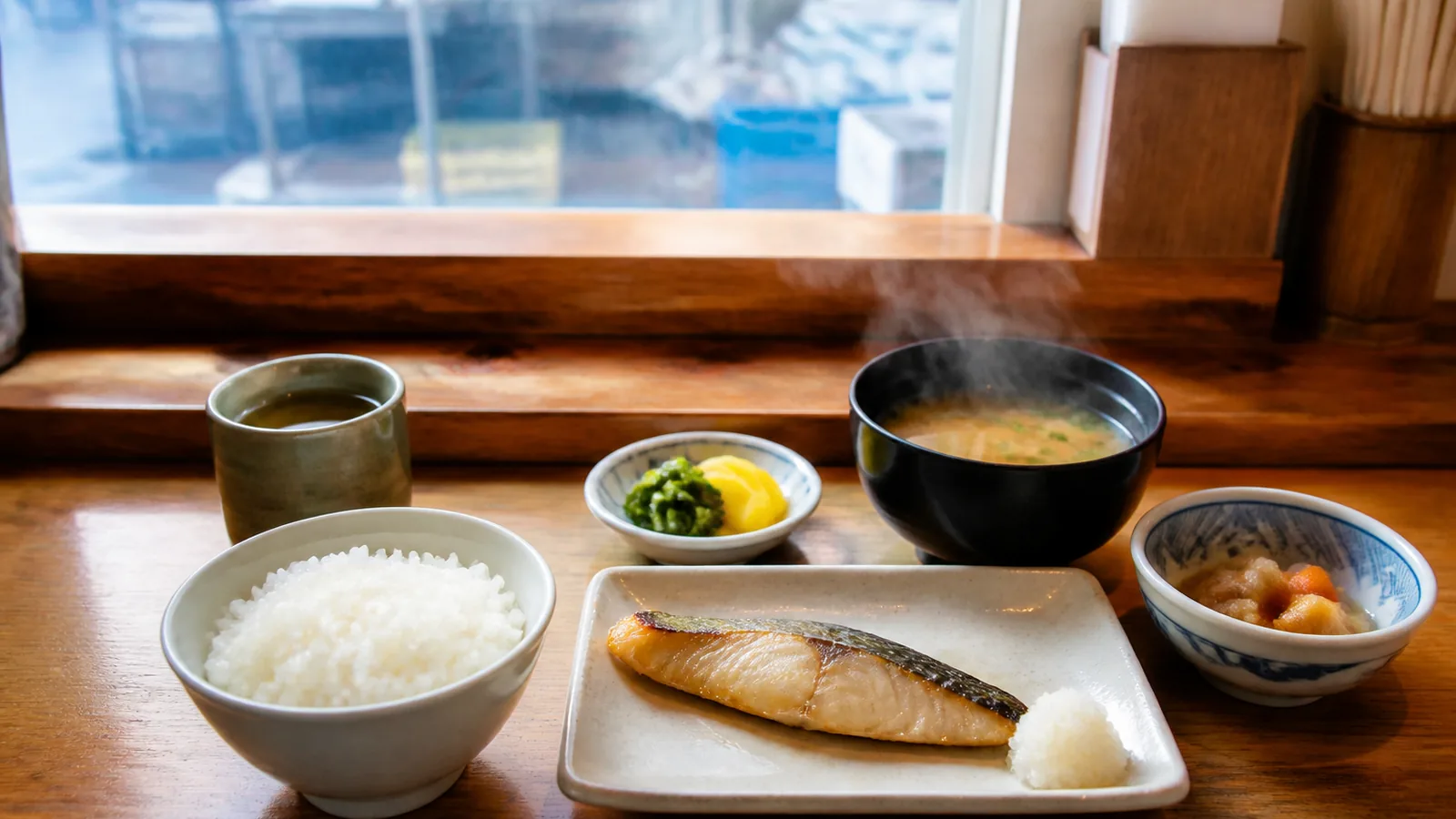 焼き魚・ご飯・みそ汁の軽い和朝食
