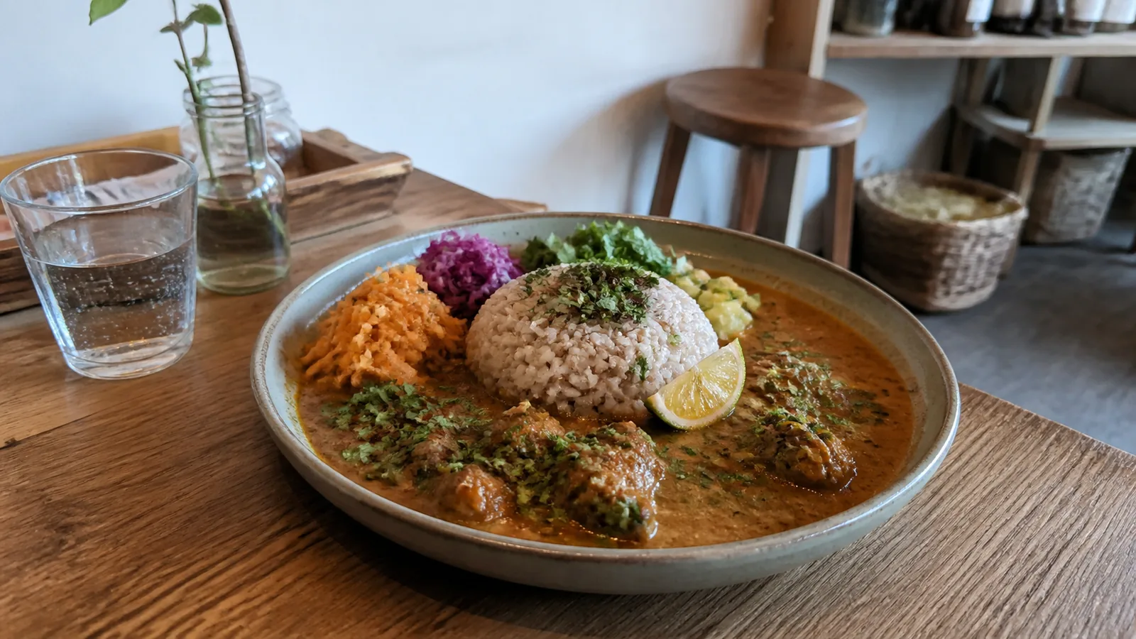 靱本町の明るい食堂で香草と野菜を添えたスパイスカレーを味わう編集イメージ