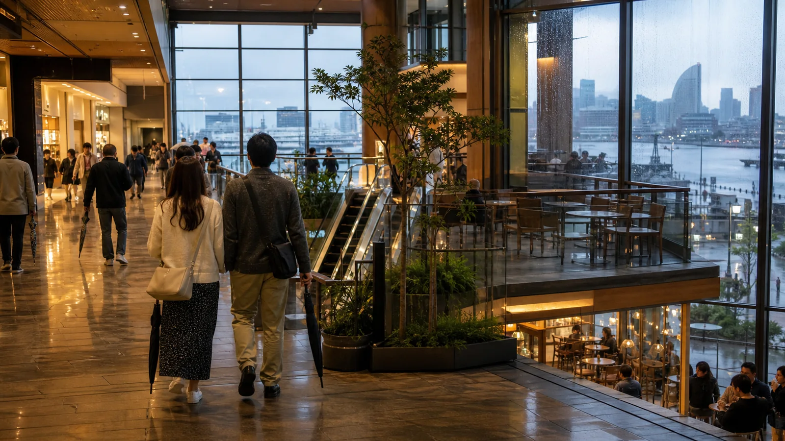 雨の日の港を望む大型商業施設の吹き抜けを歩く来館者