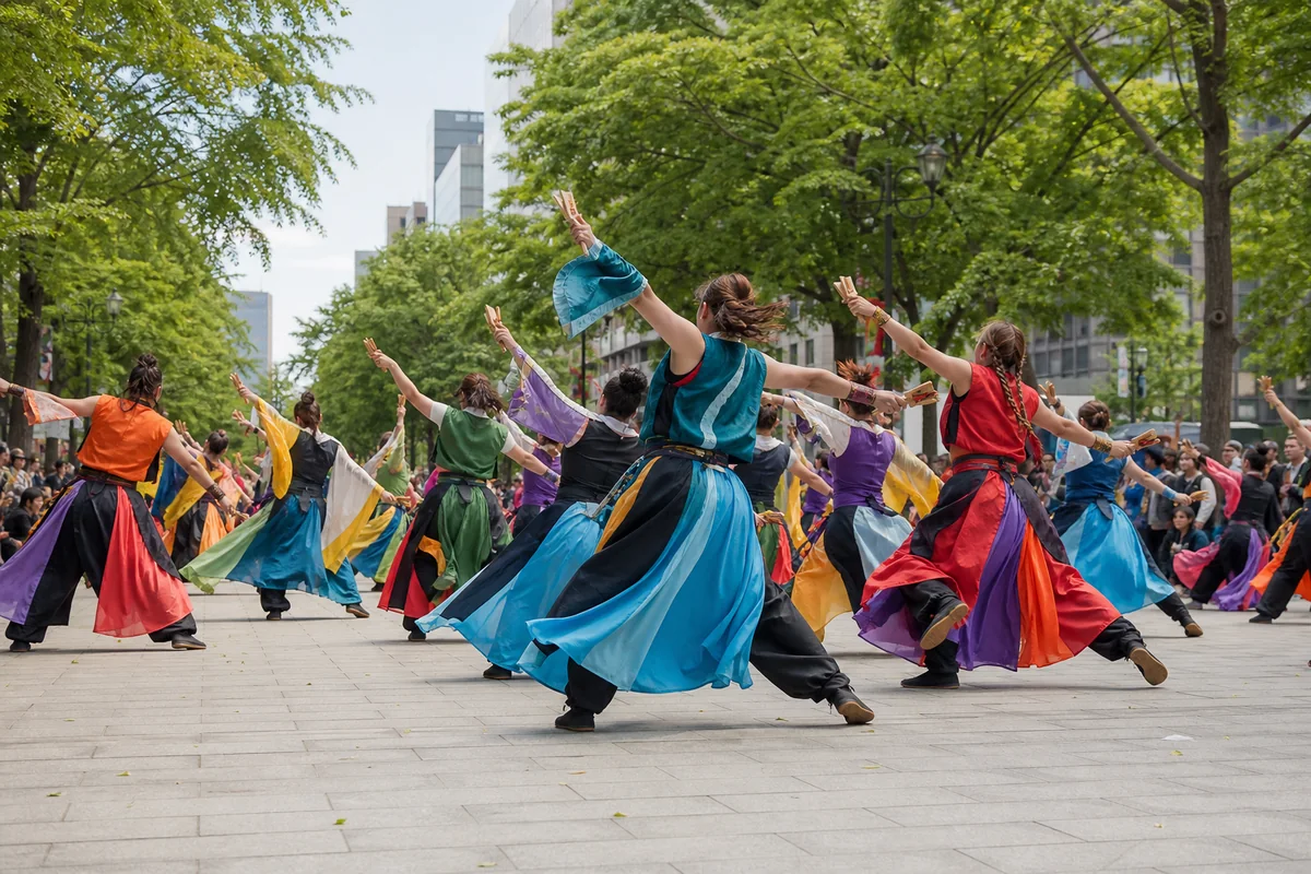 鮮やかな衣装のチームが初夏の都市公園で踊る祭りの編集用ビジュアル