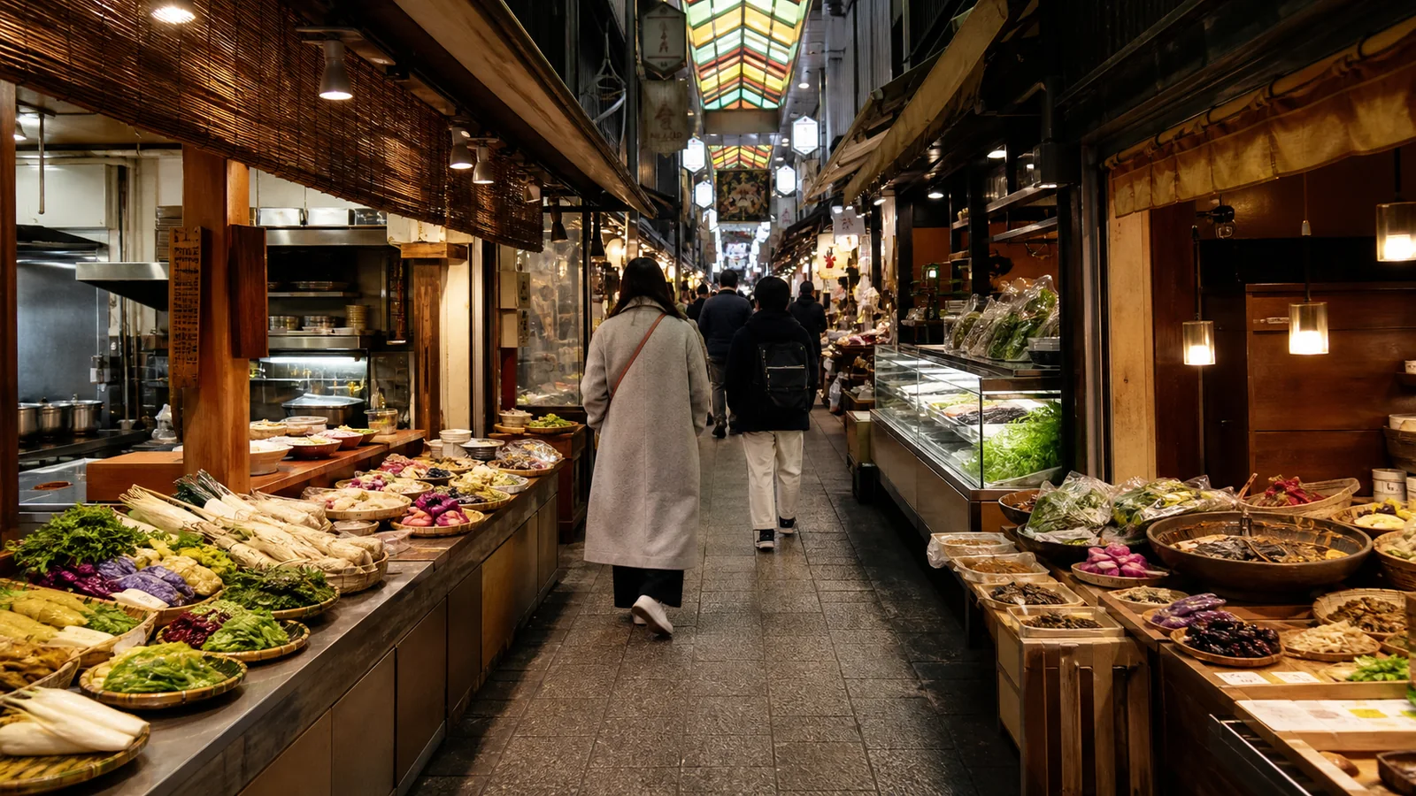 京都の屋根付き市場で食材や惣菜を見て歩く旅行者