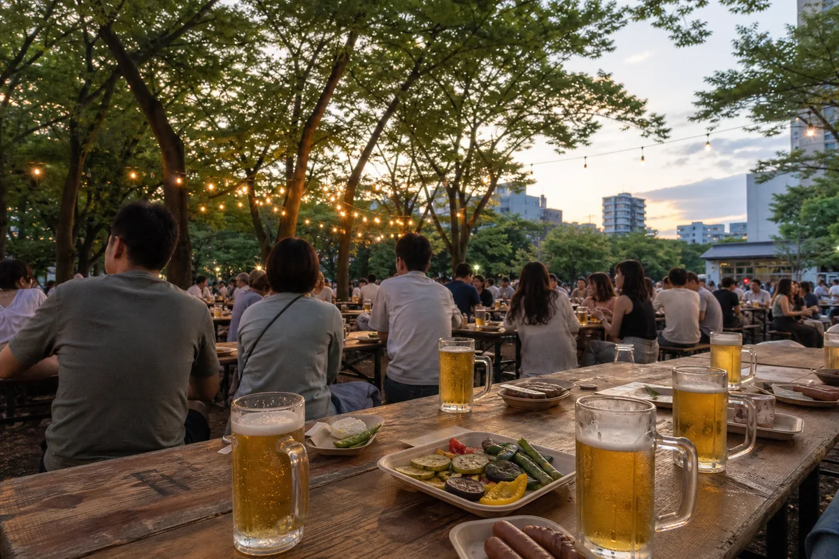 夏の夕暮れに公園の長いテーブルで楽しむビアガーデンの編集用ビジュアル