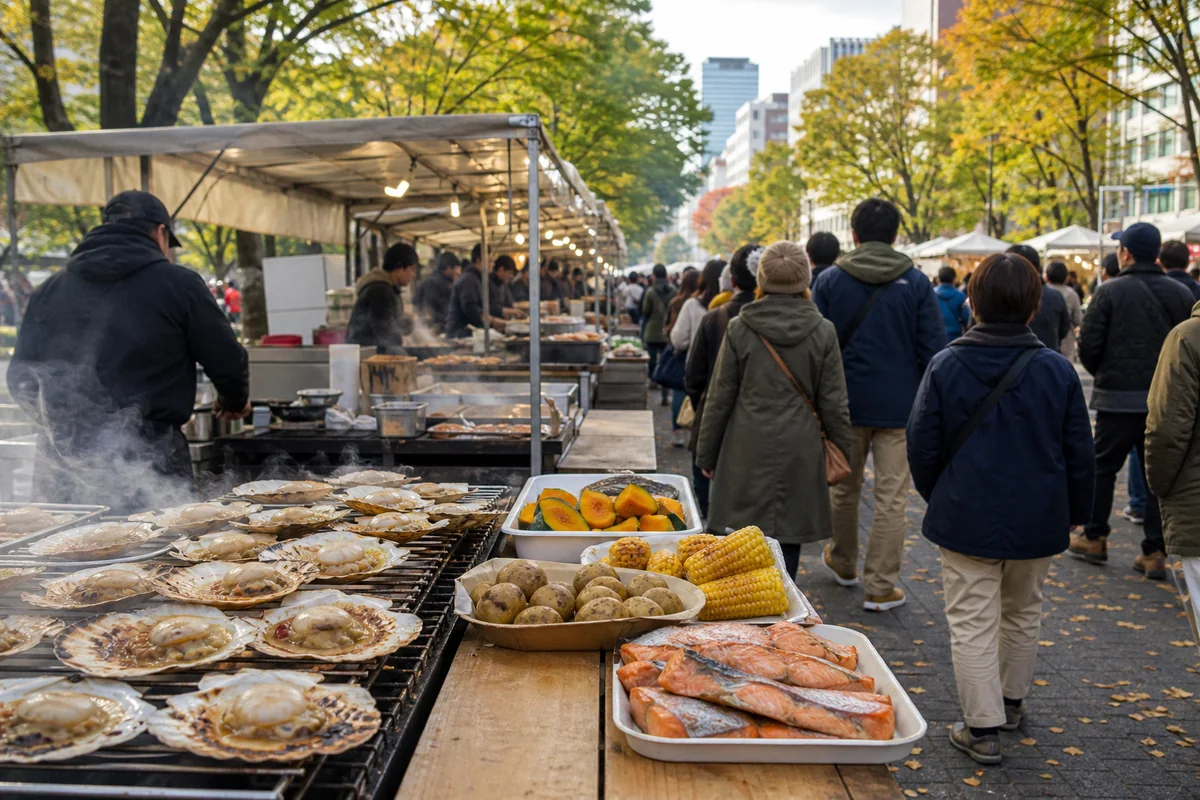 秋の都市公園に北海道の季節料理と屋台が並ぶフードイベントの編集用ビジュアル