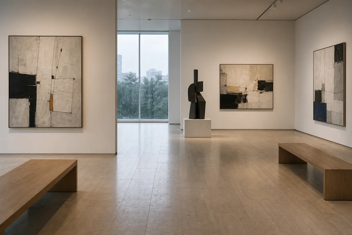 静かな館内で抽象作品を鑑賞する近代美術館の編集用ビジュアル