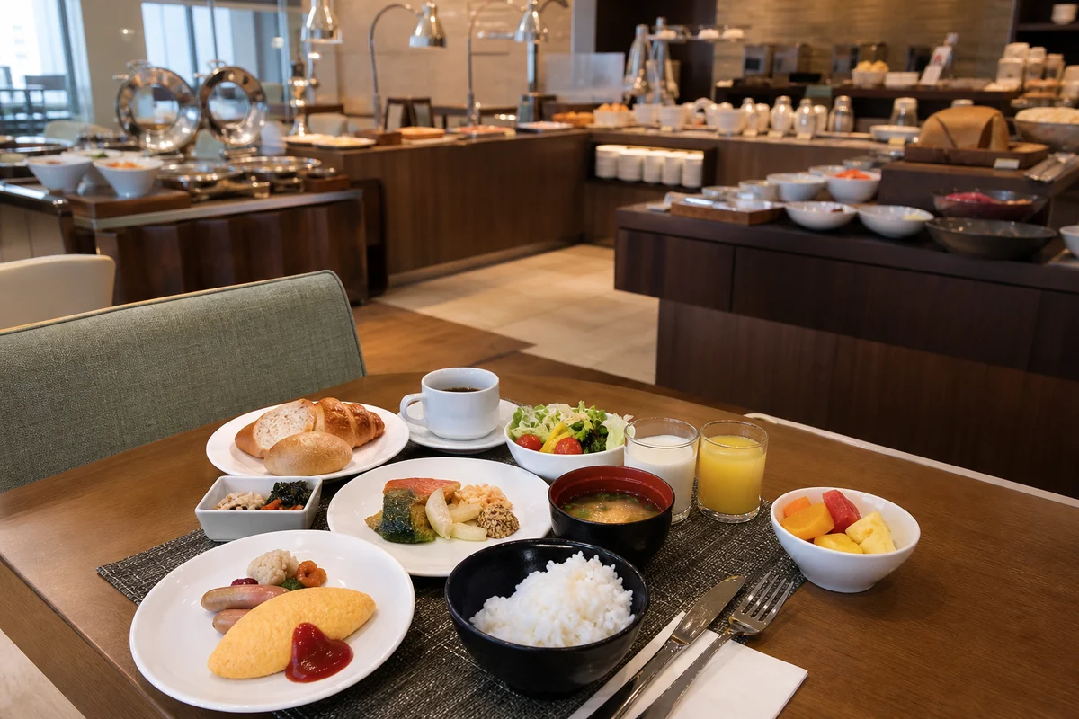 和洋の料理が並ぶホテルの朝食ビュッフェを客席から眺めたイメージ