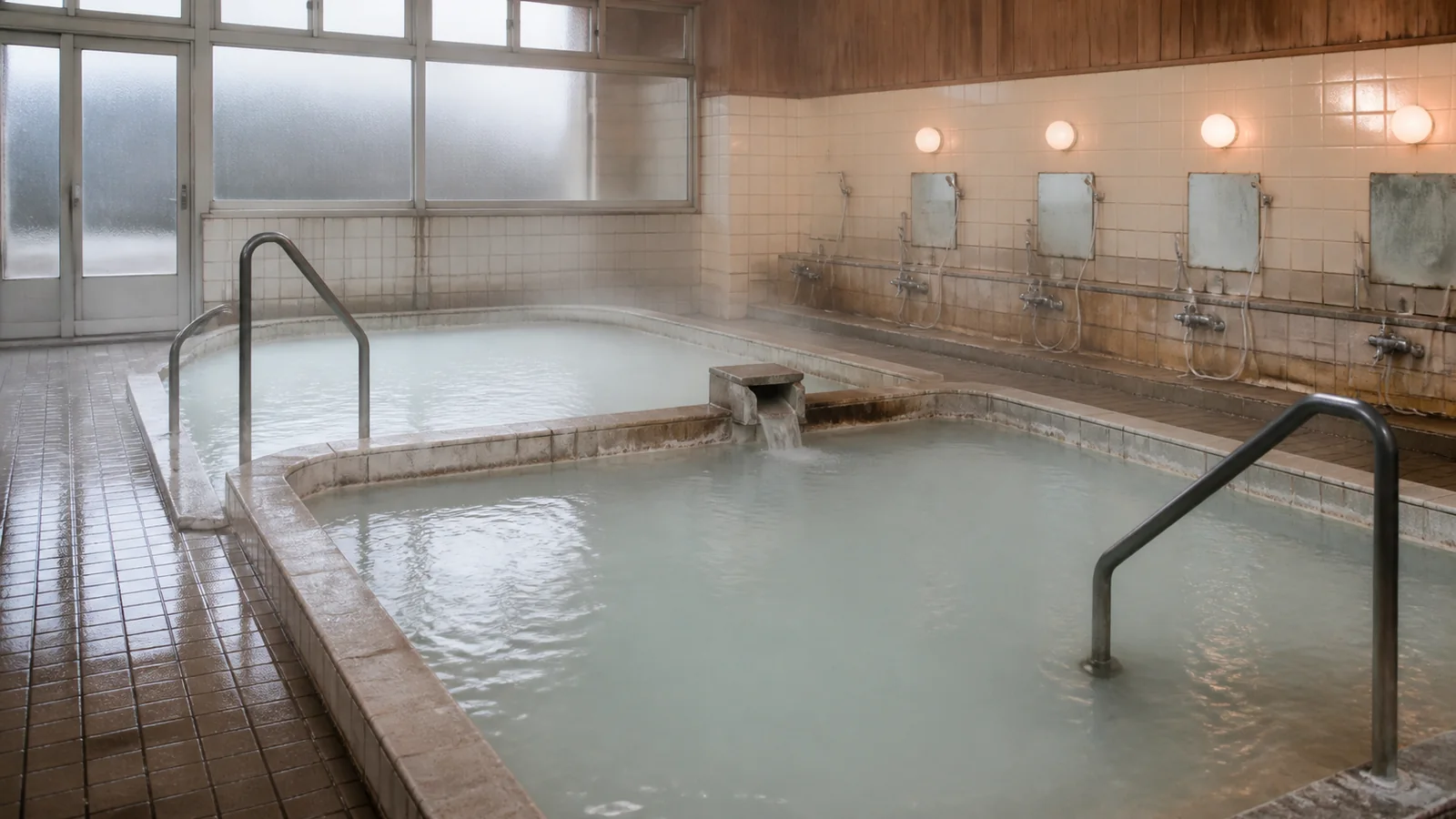 洗い場と二つの浴槽がある登別温泉を思わせる共同浴場
