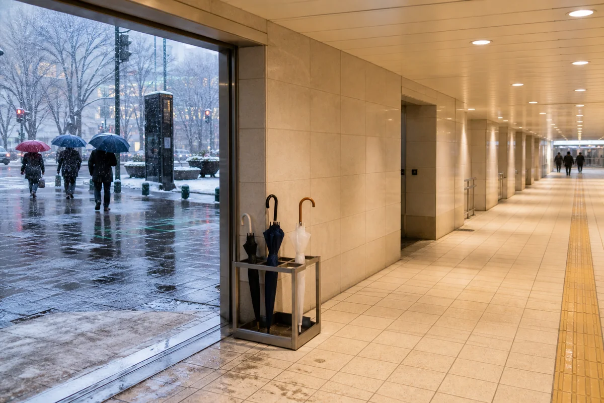 雨雪の屋外から明るく乾いた地下歩行空間へ入る編集用ビジュアル