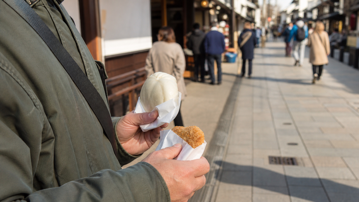 昔ながらの商店街で肉まんとコロッケを手にする旅行者