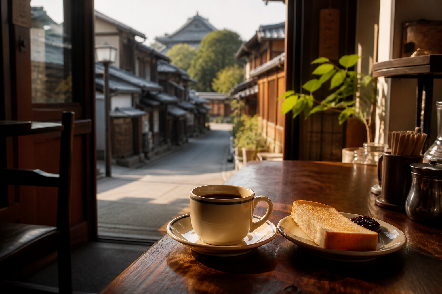 京都の町並みを望む喫茶店のコーヒーとトースト