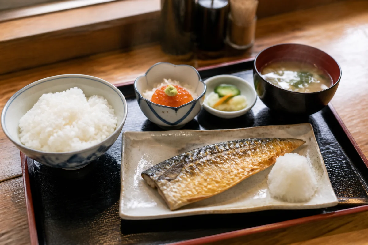 焼き魚とご飯、みそ汁、海鮮の小鉢を並べた和朝食のイメージ